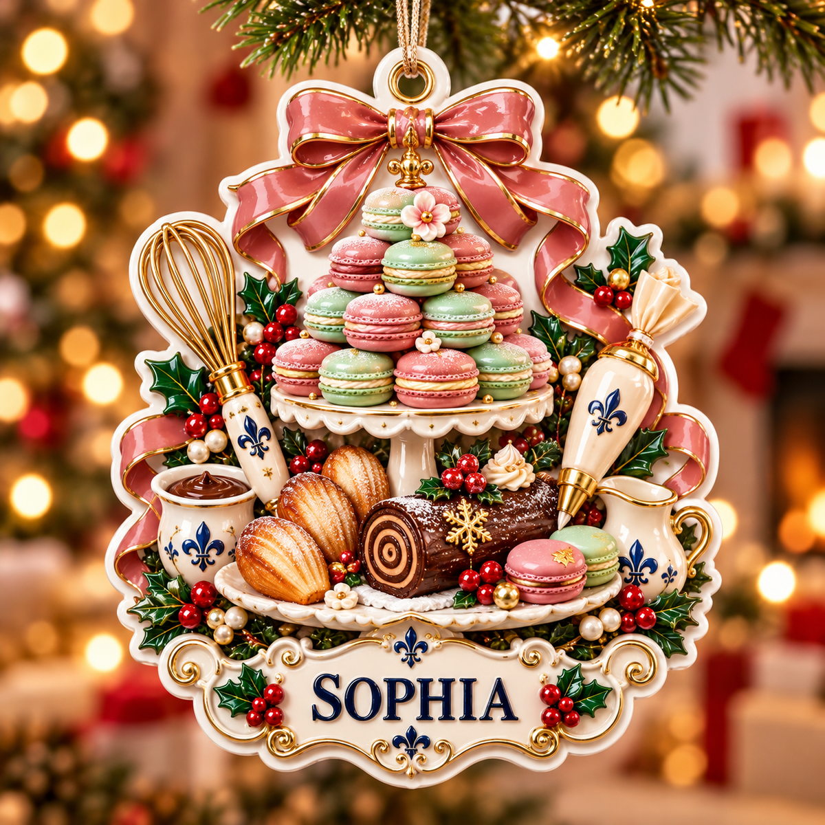 French Bakery Macaron Tower and Pastry Holiday Keepsake - 3D Relief Ornament
