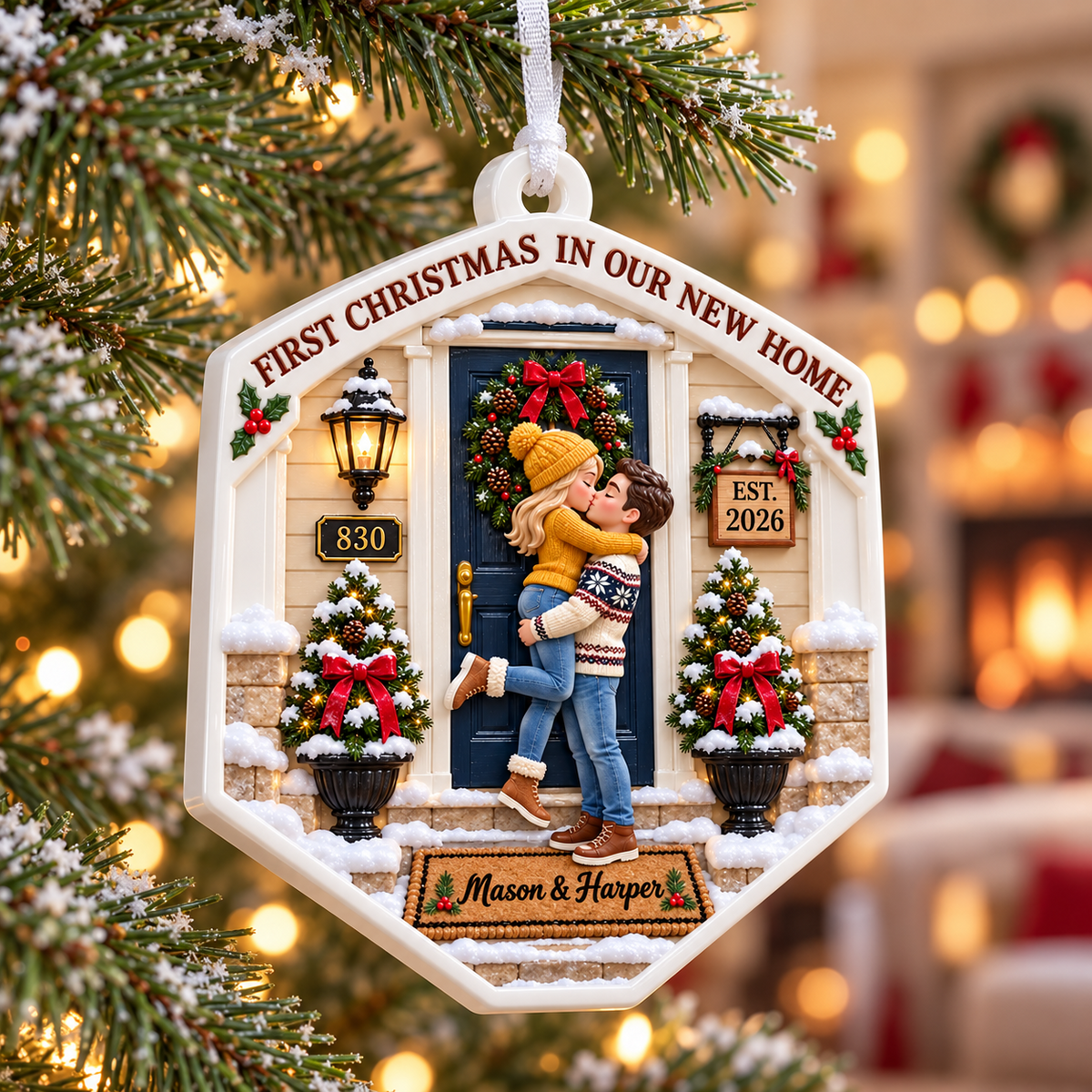 First Christmas in Our New Home Front Porch Couple Plaque - 3D Relief Ornament