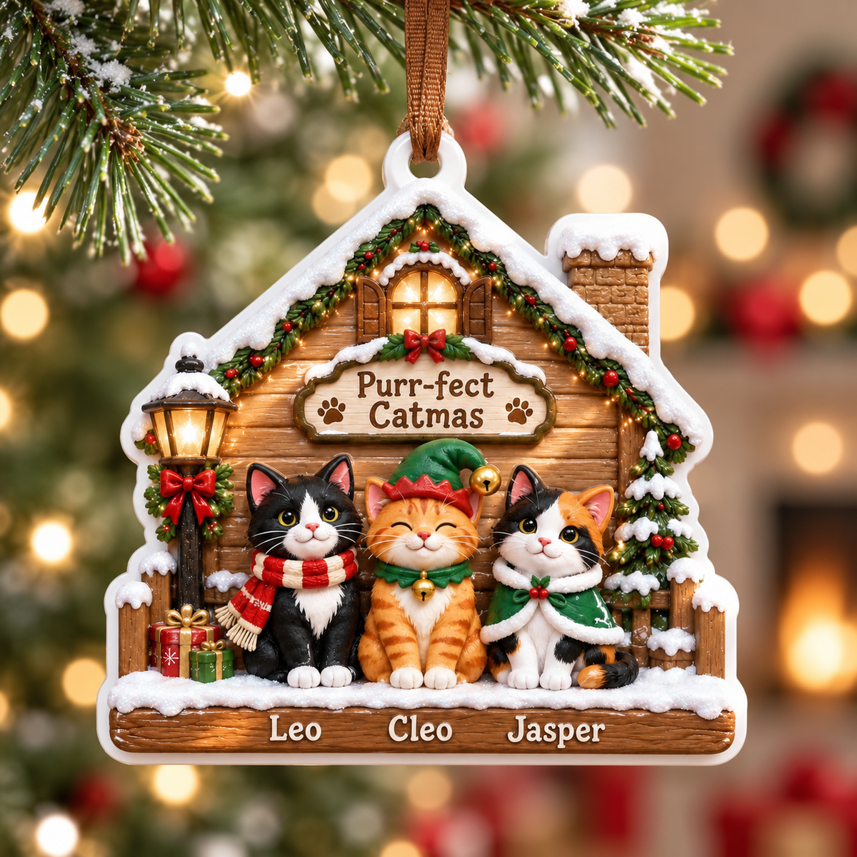 Cat Christmas Cabin Porch Holiday Keepsake Wooden Winter House - 3D Relief Ornament