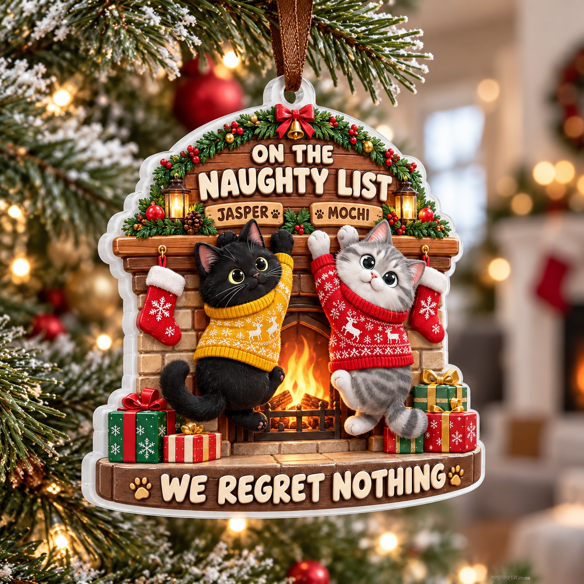 Naughty Cats at Fireplace Mantel Christmas Tree Hanging Decor - 3D Relief Ornament