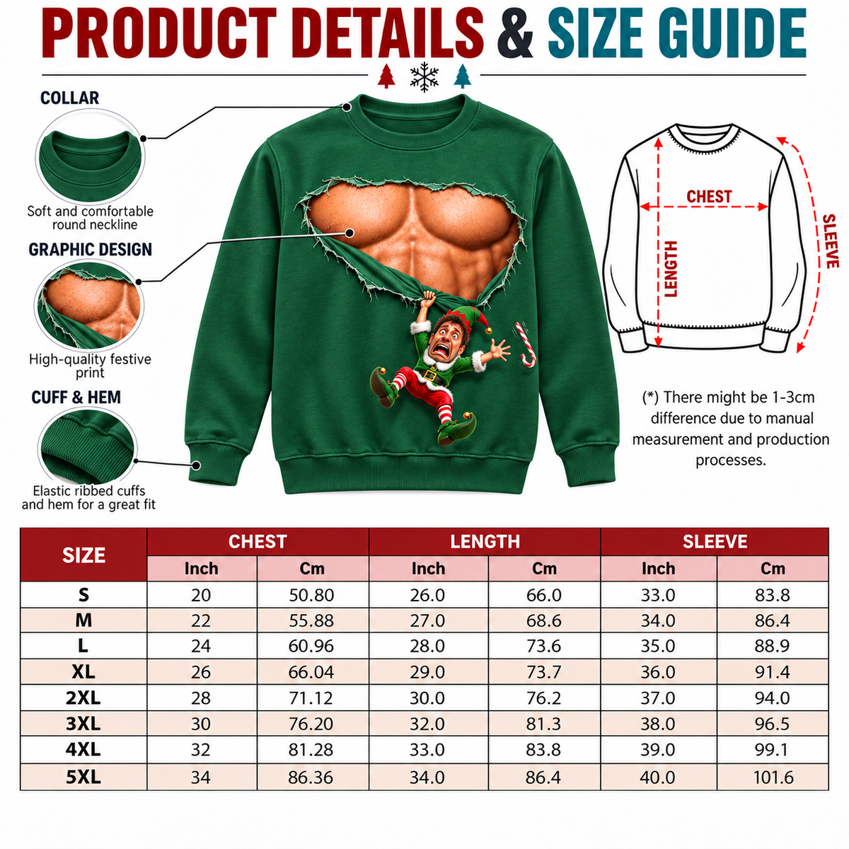 Christmas Sweatshirt with Ripped Muscular Chest Falling Elf Graphic