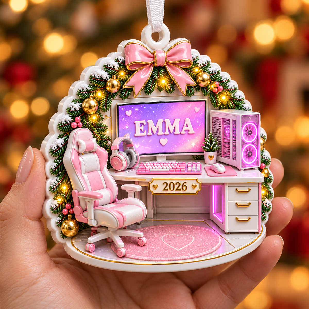 Gamer Girl Desk Setup with Pink Computer Chair and Wreath - 3D Relief Ornament