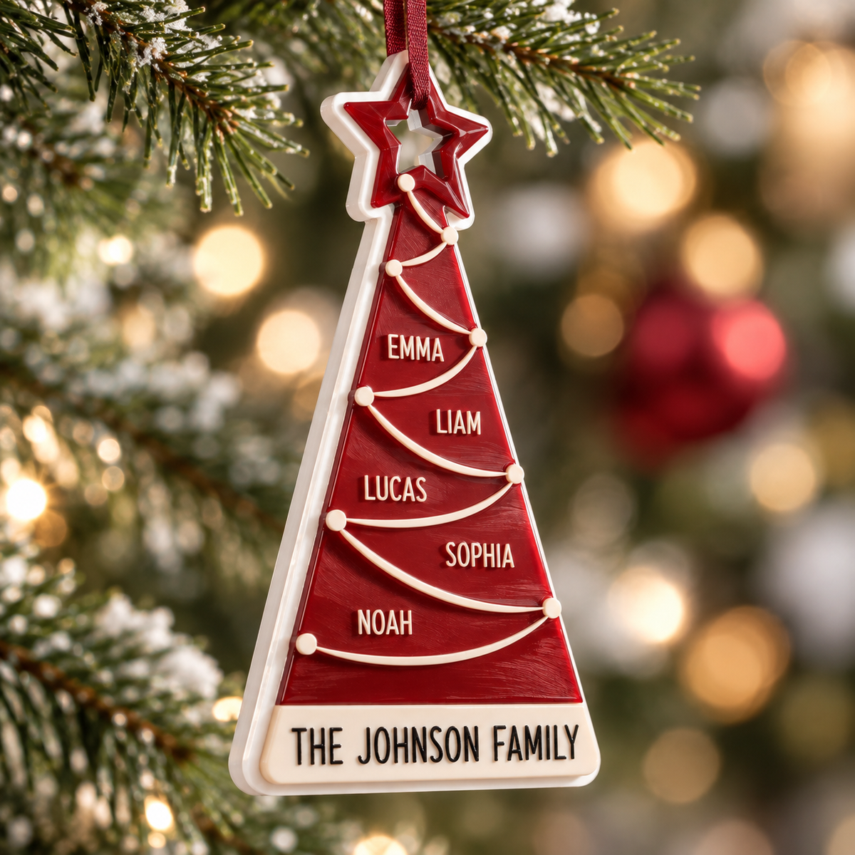 Family Christmas Tree Holiday Hanging Decoration, Red and White Star - 3D Relief Ornament