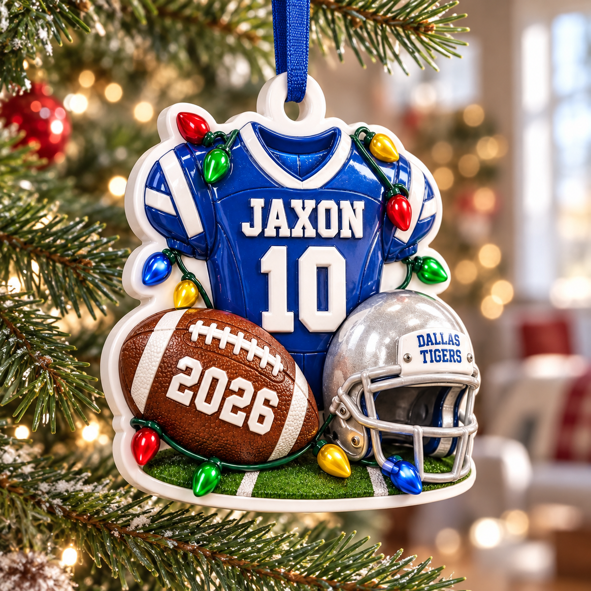 Blue Football Jersey Helmet and Ball Holiday Tree Hanging Decor with String Lights - 3D Relief Ornament