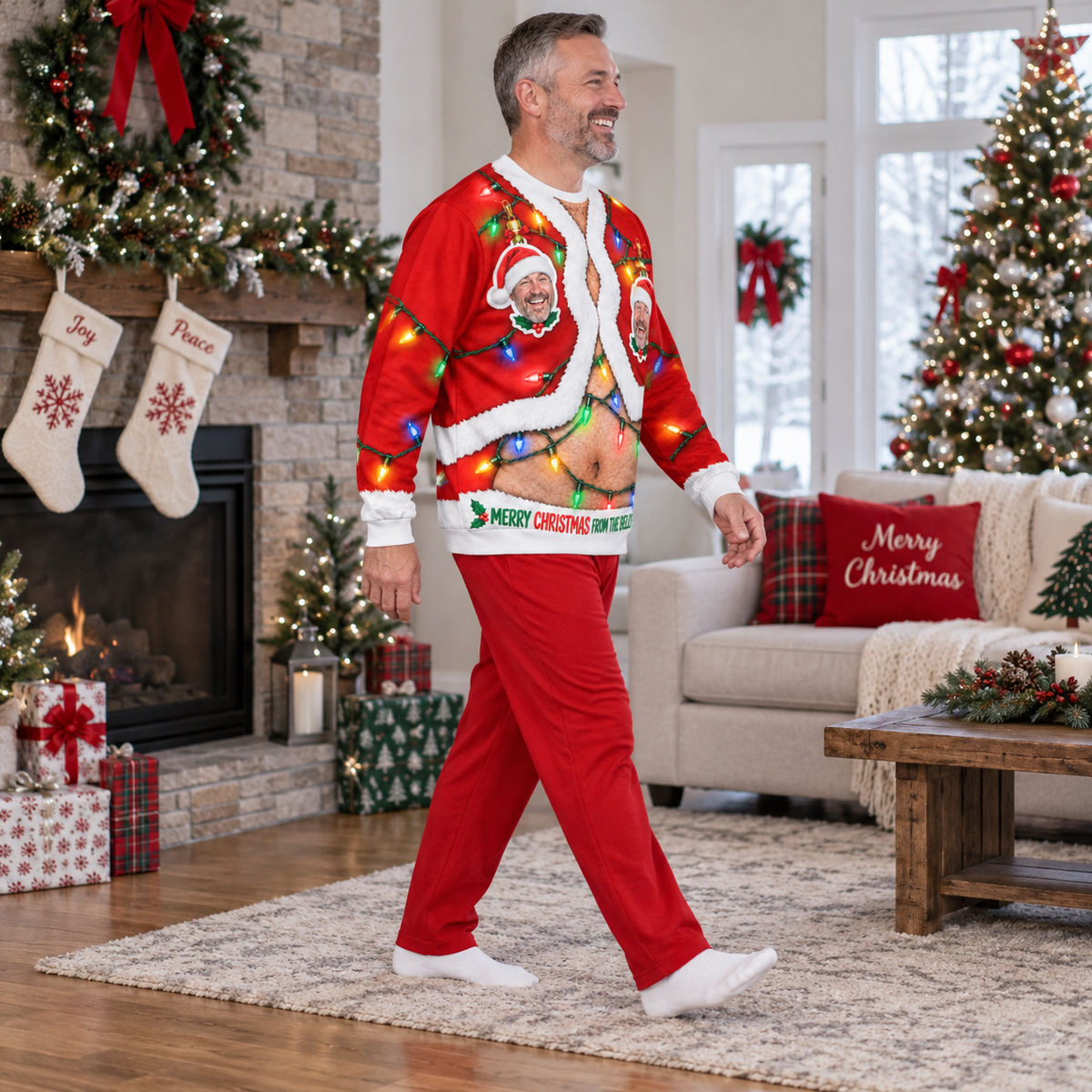 Ugly Christmas Sweatshirt Funny Hairy Belly String Lights Pullover