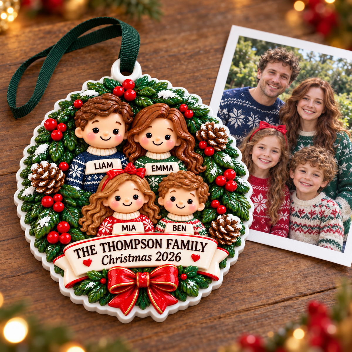 Family of Four Christmas Wreath Medallion with Red Ribbon Bow - 3D Relief Ornament