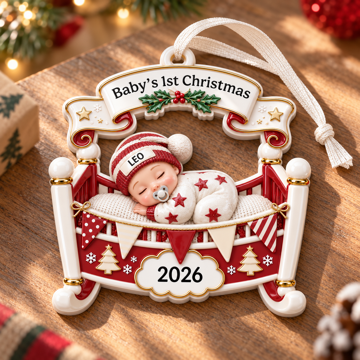 Baby's First Christmas Cradle Hanging Keepsake, Red and White Rocking Bassinet - 3D Relief Ornament