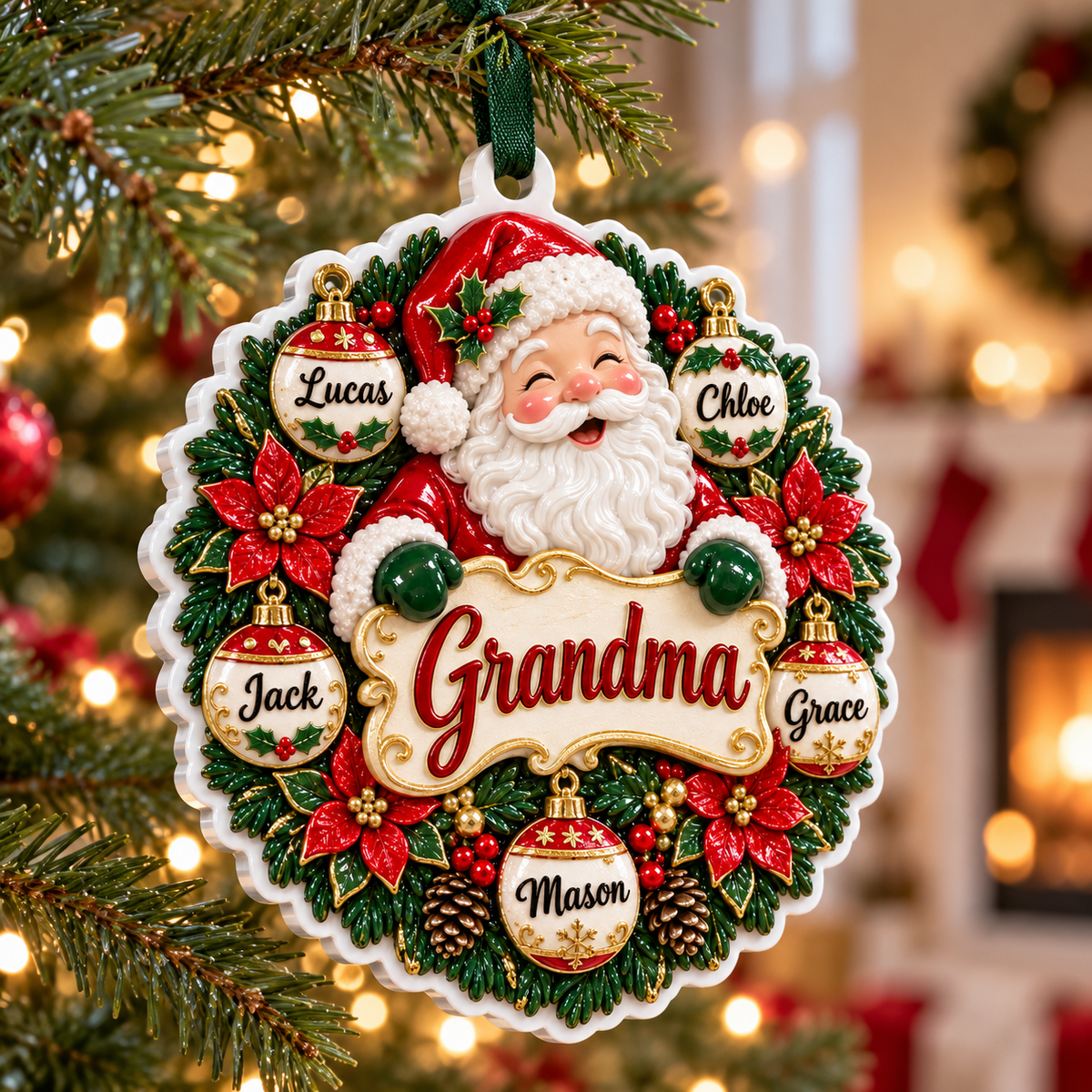 Scalloped Round White Tree Disc Acrylic Christmas Hanging Plaque - 3D Relief Ornament