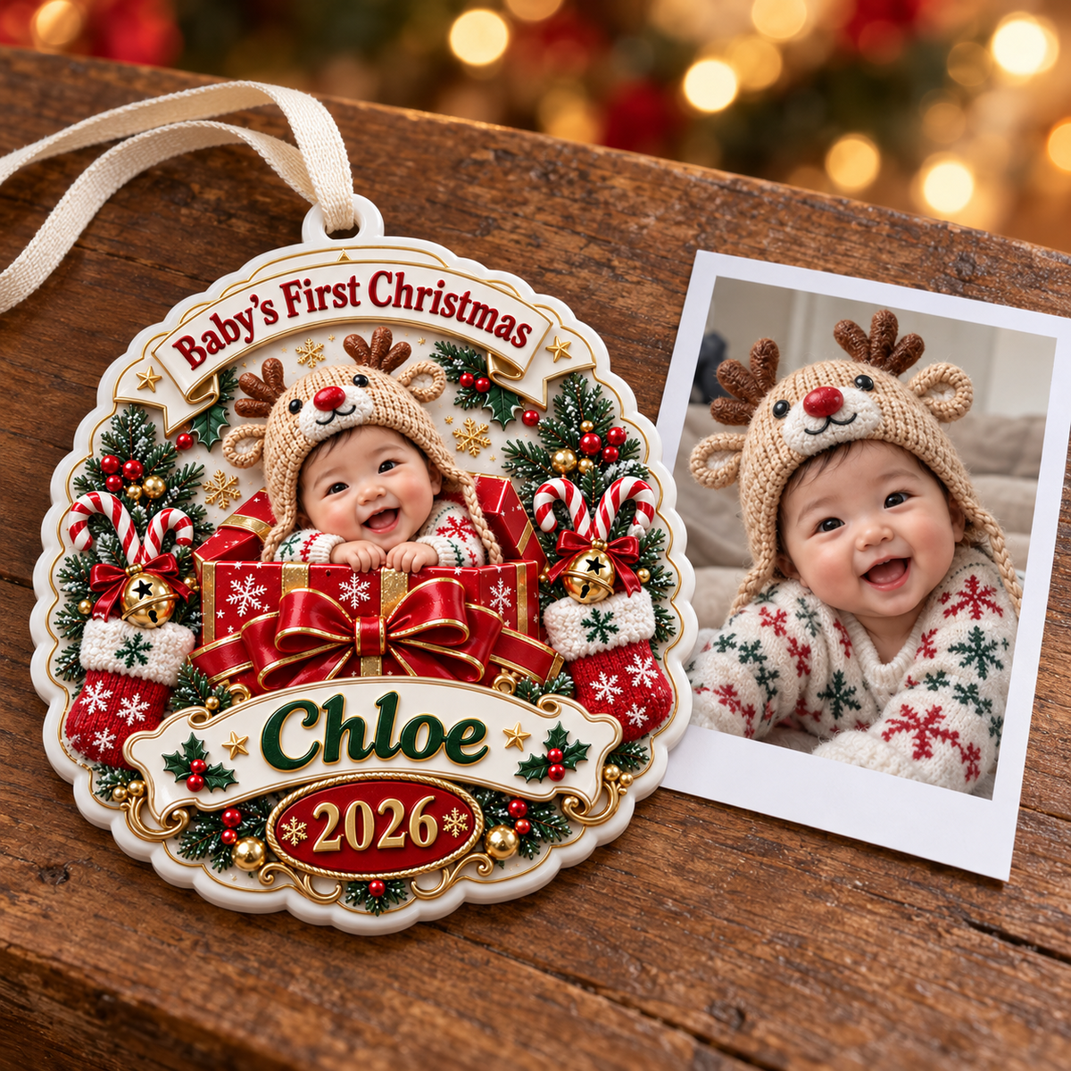 Baby's First Christmas Medallion Keepsake with Holiday Gift Box and Reindeer Hat - 3D Relief Ornament