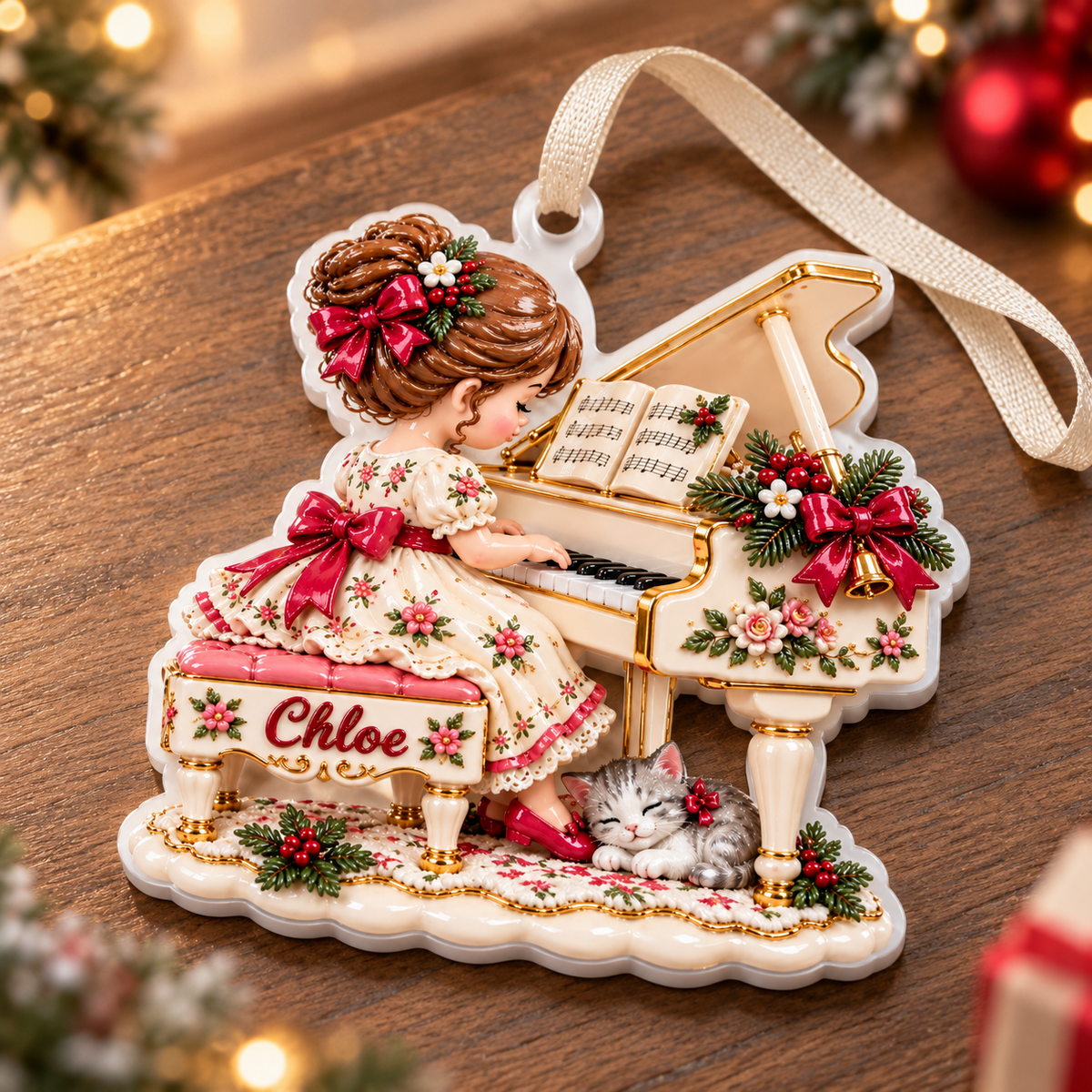 Little Girl Playing Grand Piano with Sleeping Cat Acrylic Hanging Keepsake - 3D Relief Ornament