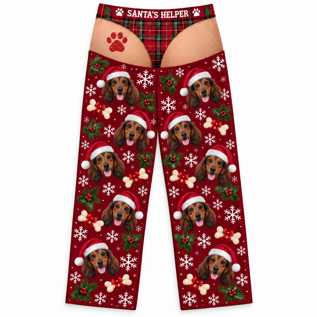 Mens Cutout Christmas Dog Print Pajama Pants with Plaid Briefs