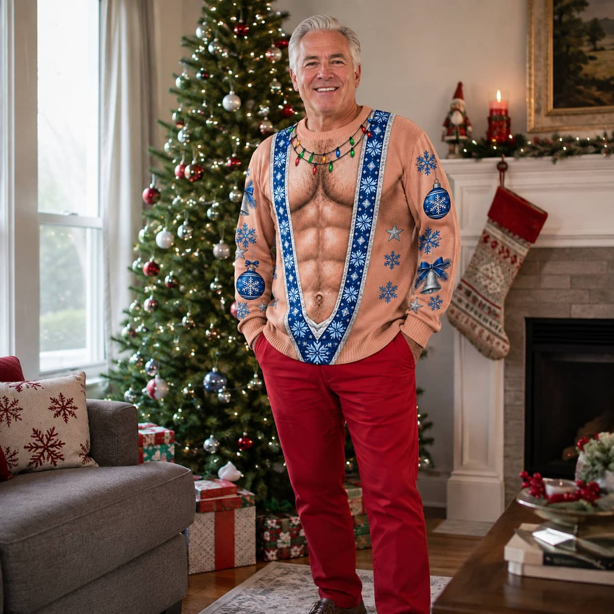 Funny Christmas Sweatshirt Hairy Muscle Chest Graphic Pullover