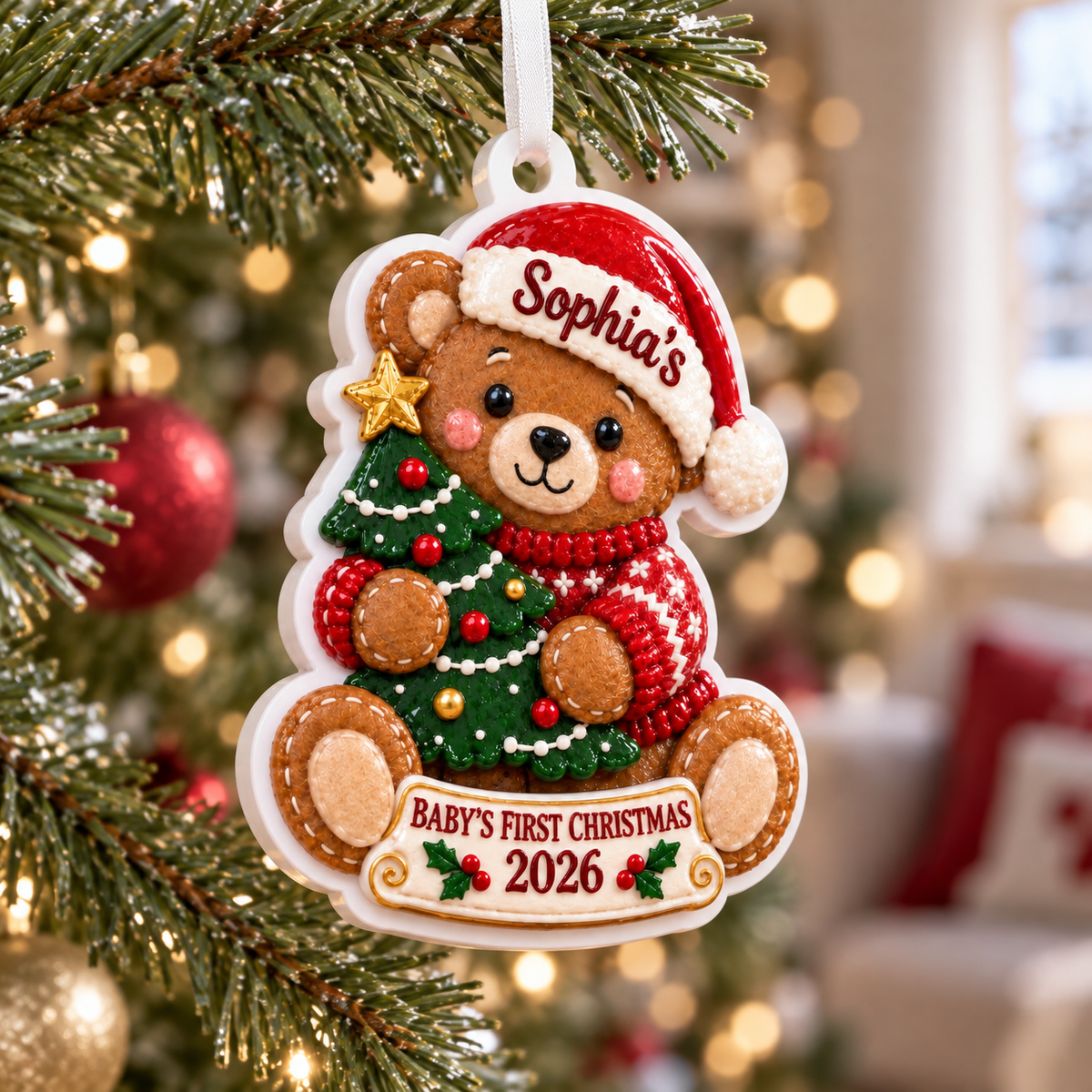 Baby's First Christmas Teddy Bear with Tree Hanging Holiday Keepsake - 3D Relief Ornament