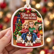 Couple and Dog Christmas Tree Decoration, Arched Fireplace Scene - 3D Relief Ornament