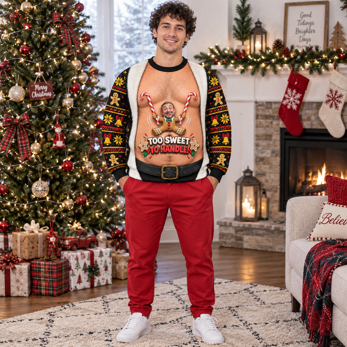 Funny Christmas Sweatshirt Faux Hairy Chest Holiday Graphic Crewneck