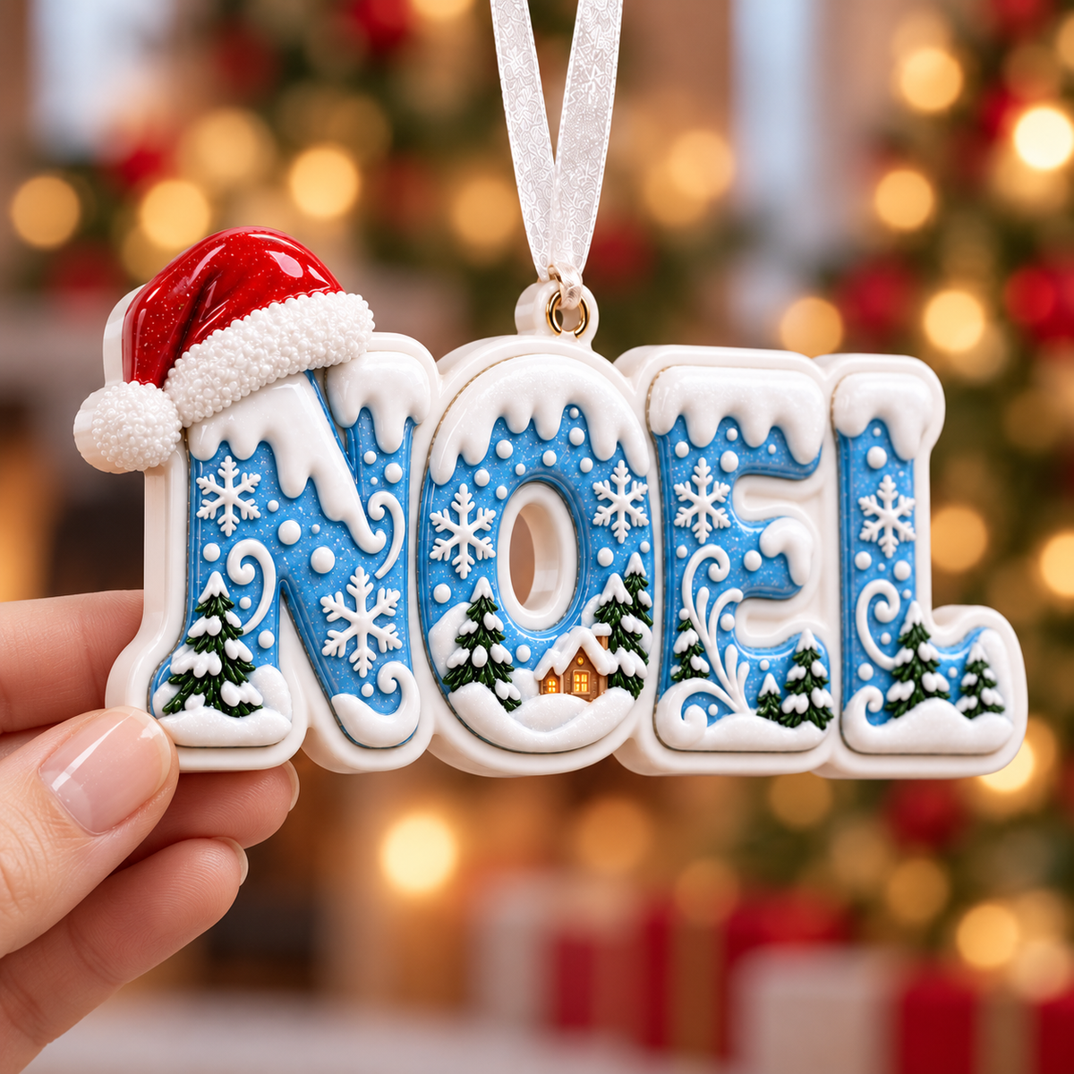 Winter Noel Lettering Holiday Tree Hanging Decor with Santa Hat - 3D Relief Ornament