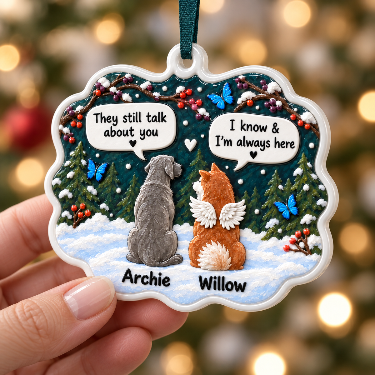 Dog Memorial Hanging Plaque with Angel Wings and Winter Forest - 3D Relief Ornament