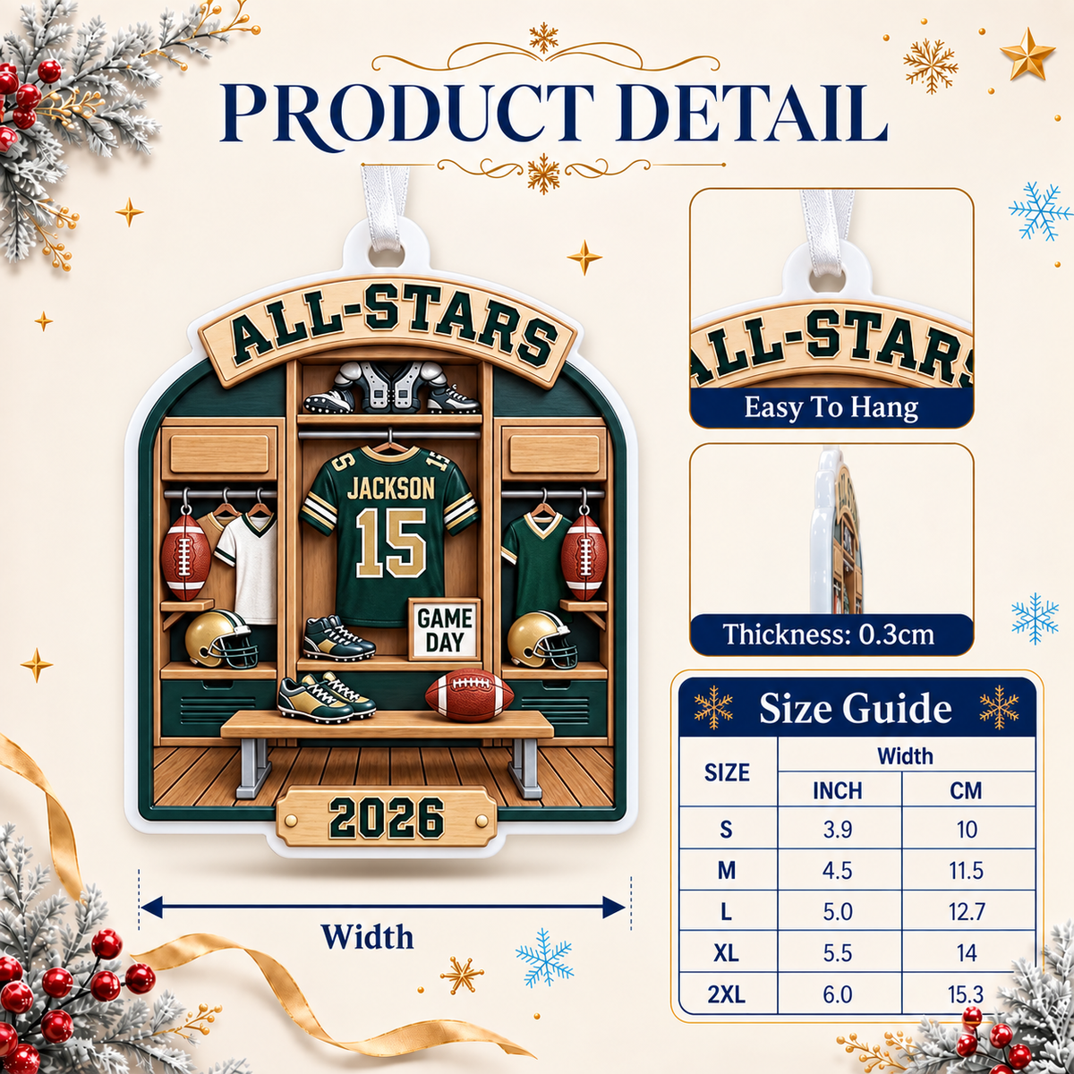 Football Locker Room Holiday Keepsake, Green and Gold Sports Gear Design - 3D Relief Ornament