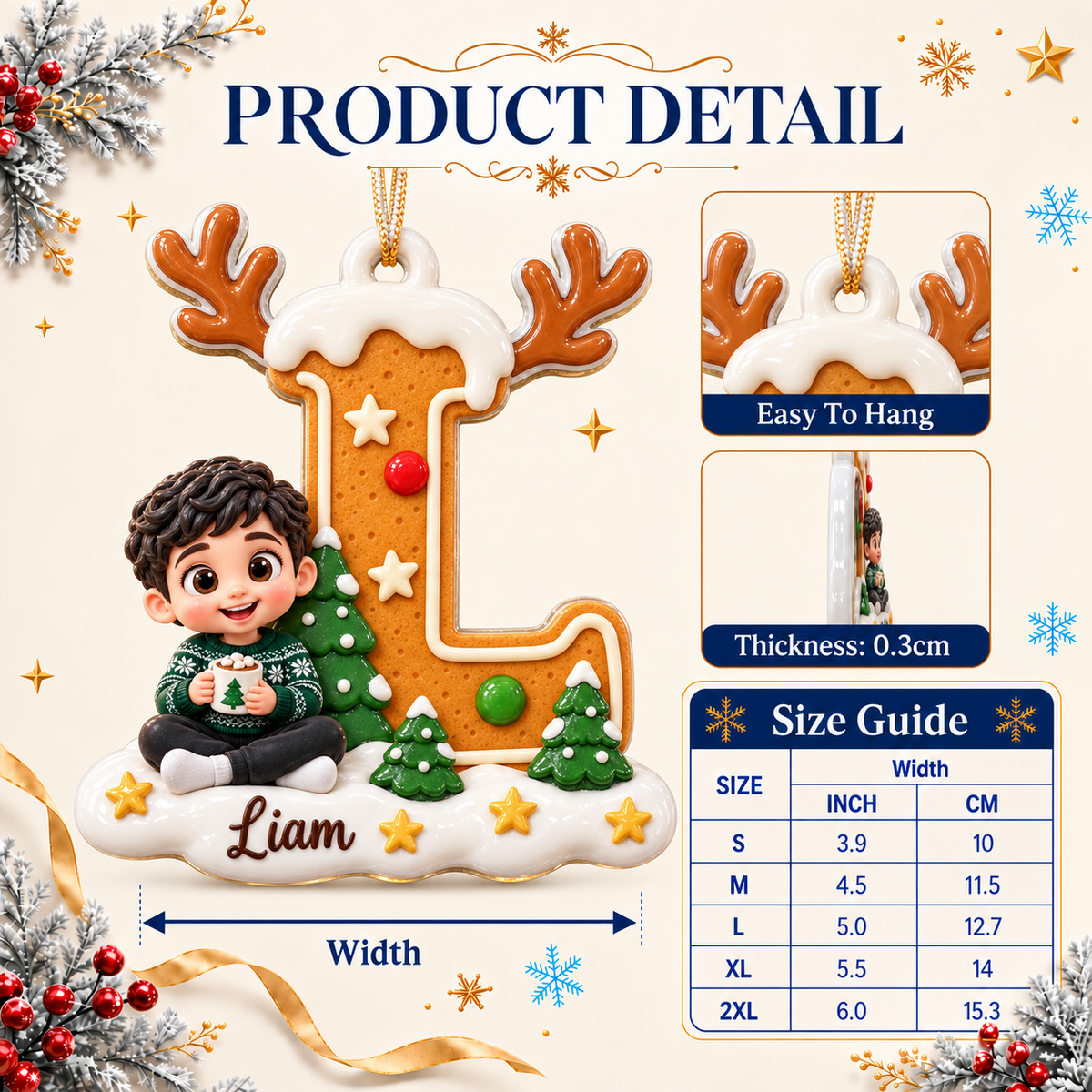 Gingerbread Letter L Holiday Tree Hanging Decor with Reindeer Antlers and Snow - 3D Relief Ornament