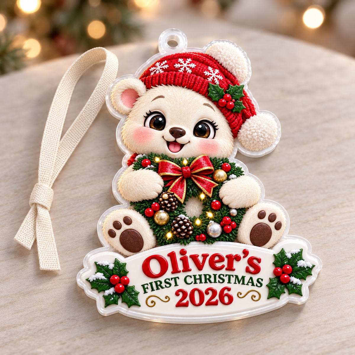 Baby Bear with Wreath First Christmas Acrylic Tree Hanging Keepsake - 3D Relief Ornament