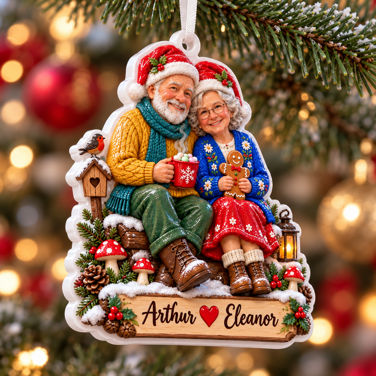 Elderly Couple Sitting on Log Winter Christmas Scene Hanging Acrylic Plaque - 3D Relief Ornament