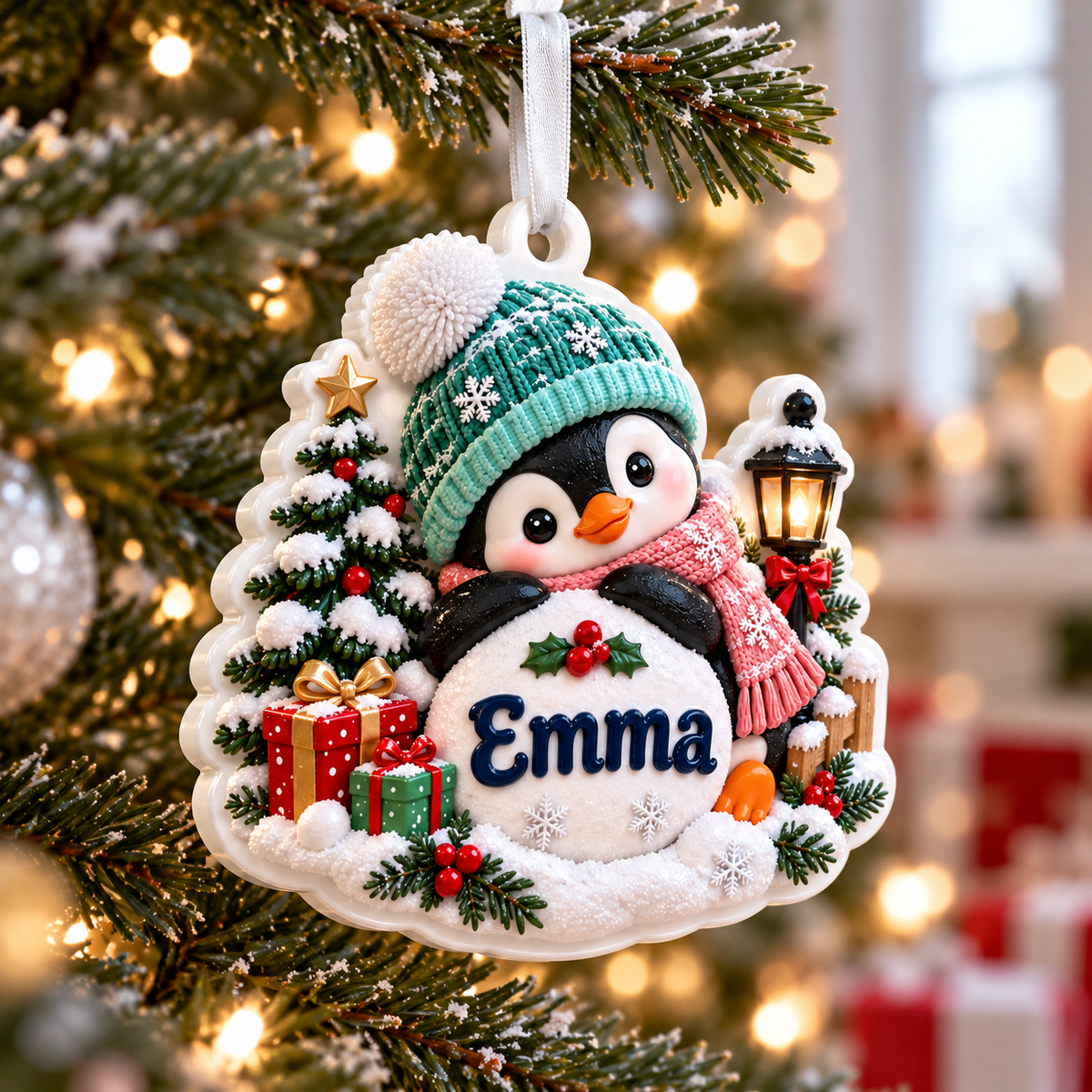 Winter Penguin with Christmas Tree and Streetlamp Holiday Keepsake - 3D Relief Ornament