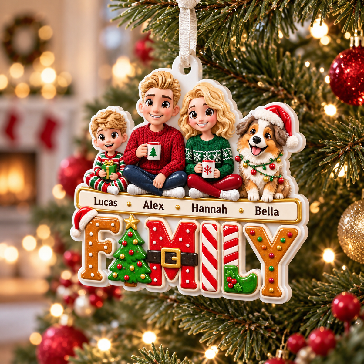 Family and Dog Christmas Tree Ornament, Acrylic Holiday Hanging Decor