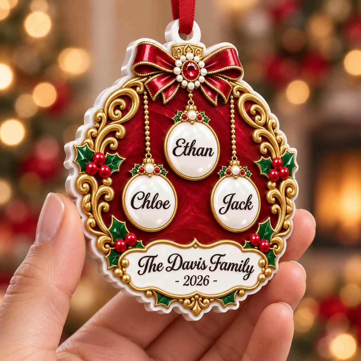 Christmas Family Bauble Medallion in Red and Gold Filigree Scrollwork - 3D Relief Ornament