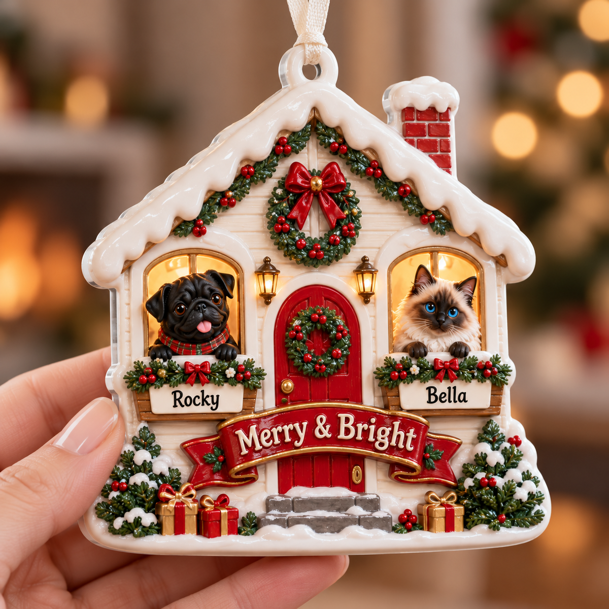 Winter Cottage Dog and Cat Holiday Keepsake Plaque - 3D Relief Ornament