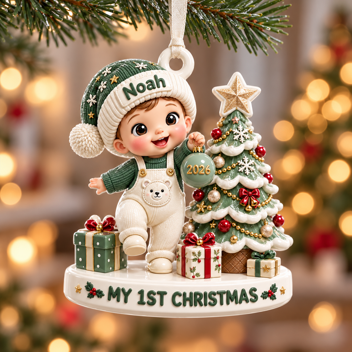 Baby Boy First Christmas Tree Scene Polyresin Figurine Keepsake - 3D Relief Ornament
