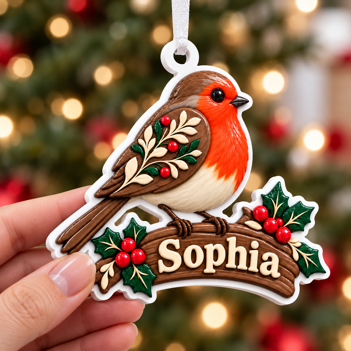 Robin Redbreast on Holly Branch Acrylic Hanging Holiday Keepsake - 3D Relief Ornament