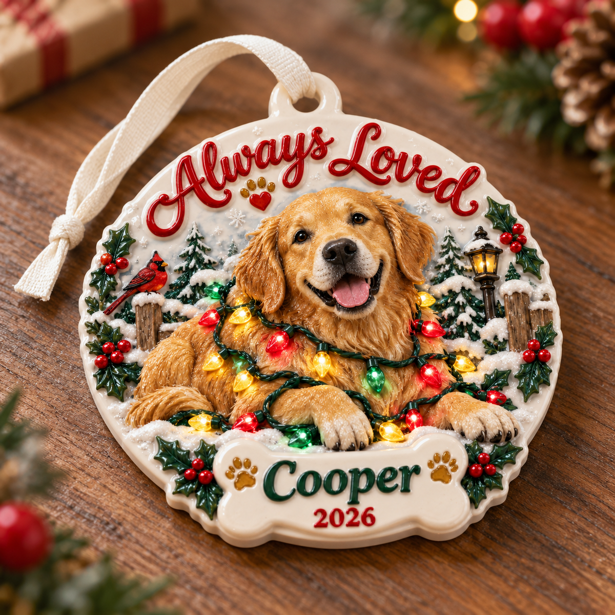 Golden Retriever Dog Memorial Winter Scene Ceramic Holiday Keepsake - 3D Relief Ornament