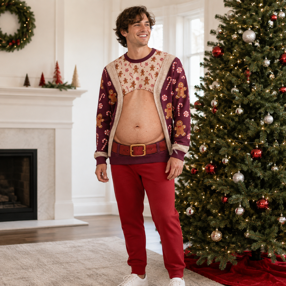 Christmas Sweatshirt Funny Fake Belly Exposed Stomach Graphic Top