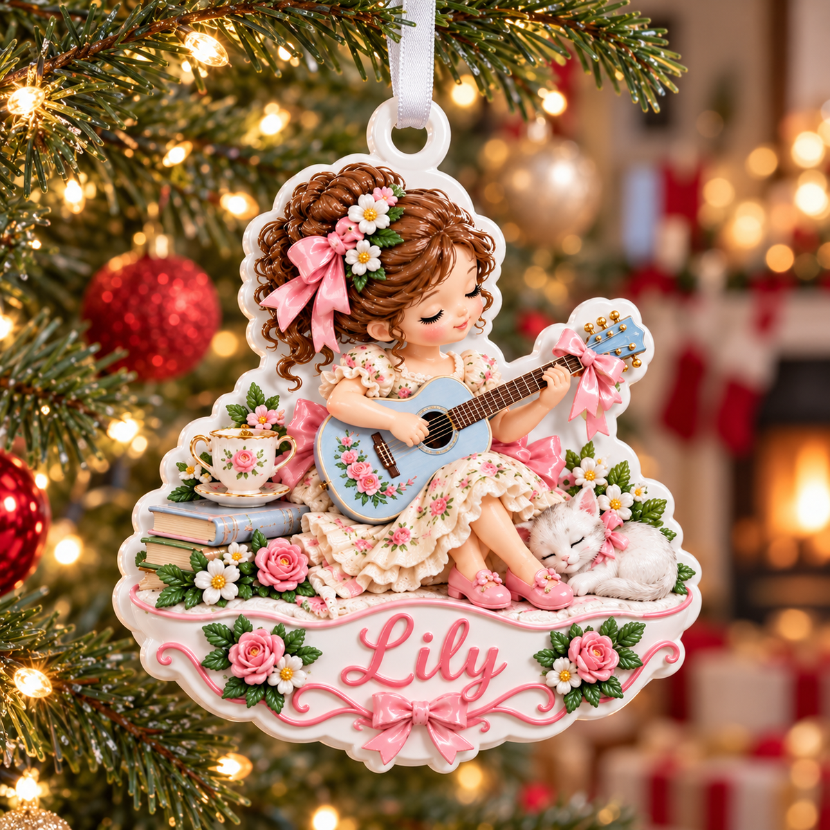Girl Playing Guitar with Sleeping Kitten and Floral Teacup - 3D Relief Ornament