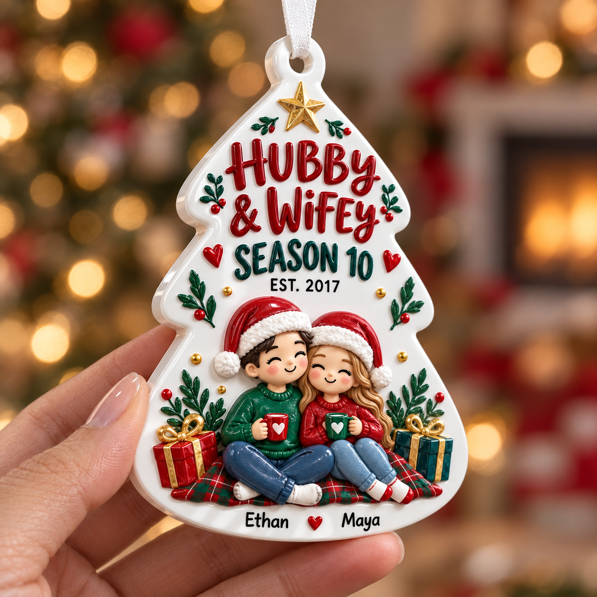 White Hubby and Wifey Christmas Tree Shaped Couple Holiday Keepsake - 3D Relief Ornament