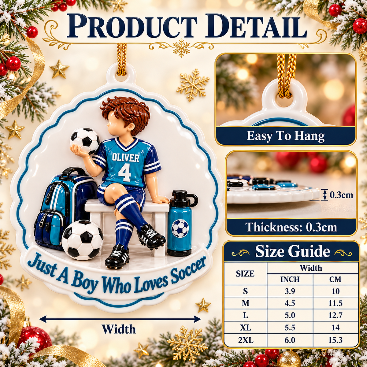 Soccer Boy Player Bench Holiday Keepsake with Scalloped Edge - 3D Relief Ornament