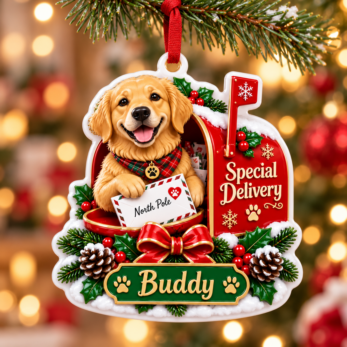 Golden Retriever Dog Christmas Mailbox Special Delivery - 3D Relief Ornament