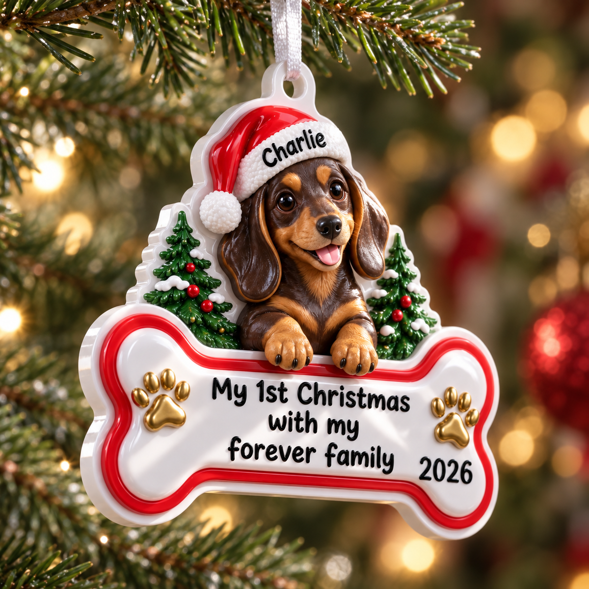 Dachshund Puppy First Christmas Dog Bone Hanging Holiday Tree Plaque - 3D Relief Ornament