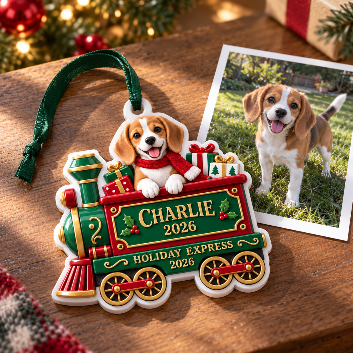 Holiday Express Christmas Train with Stacked Gifts in Green and Red - 3D Relief Ornament