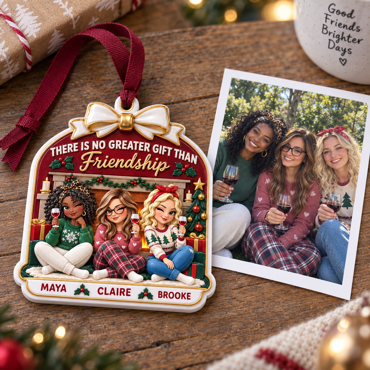 Christmas Tree Hanging Plaque with Friends Wine Fireplace Scene - 3D Relief Ornament