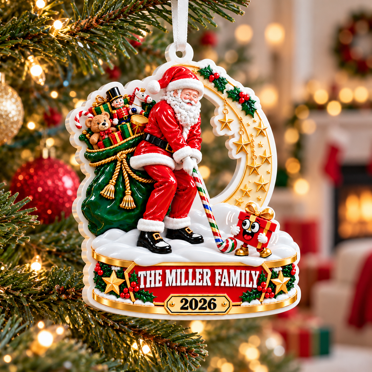 Santa Claus Playing Golf with Toy Sack and Star Wreath Christmas Tree Decor - 3D Relief Ornament