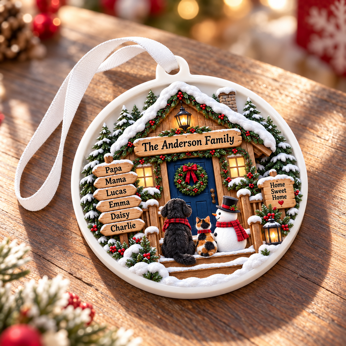 Round Christmas Tree Decoration with Winter Cabin, Snowman, and Pets - 3D Relief Ornament