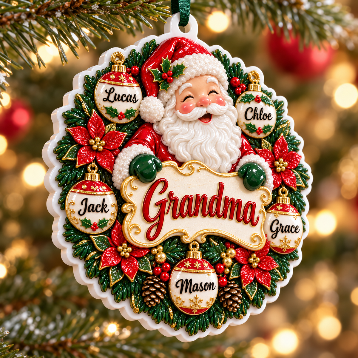 Scalloped Round White Tree Disc Acrylic Christmas Hanging Plaque - 3D Relief Ornament