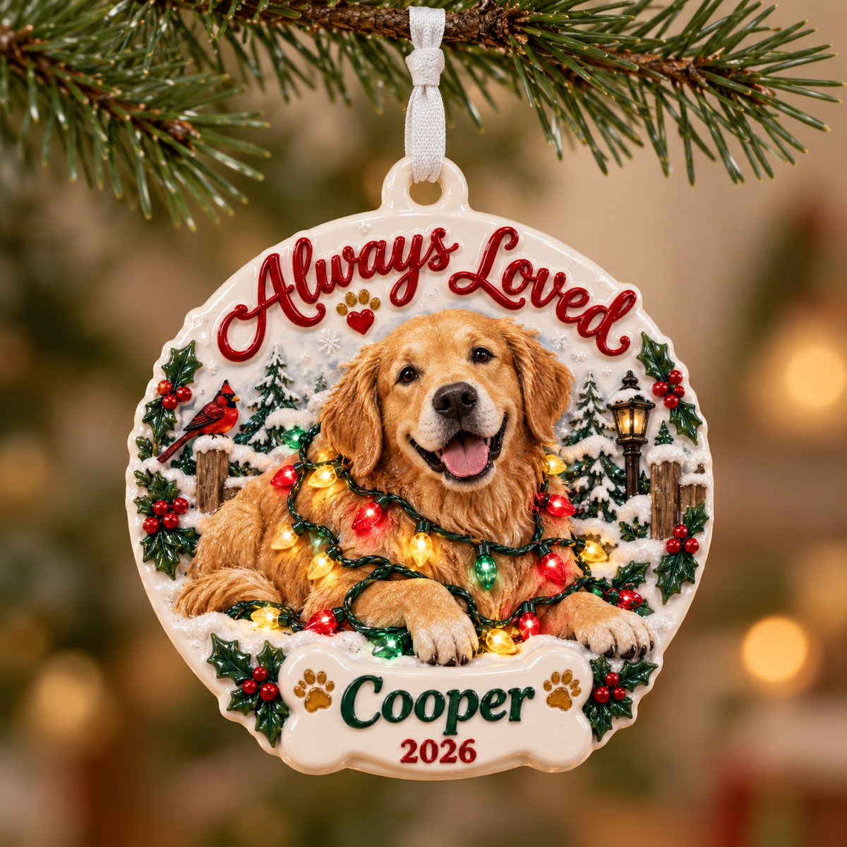 Golden Retriever Dog Memorial Winter Scene Ceramic Holiday Keepsake - 3D Relief Ornament