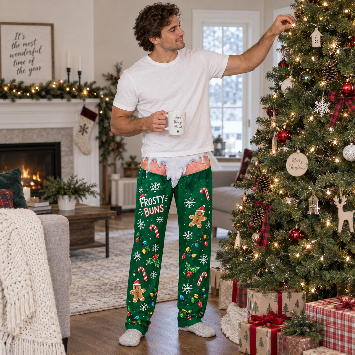 Mens Christmas Pajama Pants Frosty Buns Novelty Holiday Lounge Bottoms