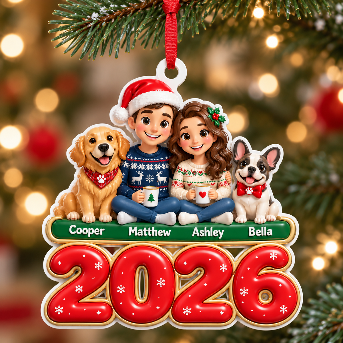 Family Couple and Dogs 2026 Christmas Holiday Tree Hanging Plaque - 3D Relief Ornament