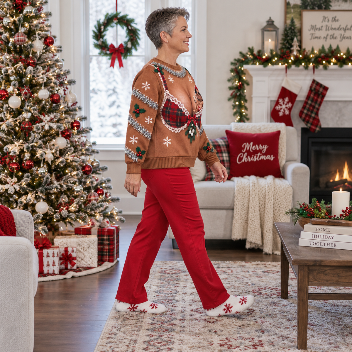 Funny Christmas Sweatshirt, Brown Novelty Plaid Bra Graphic Crewneck