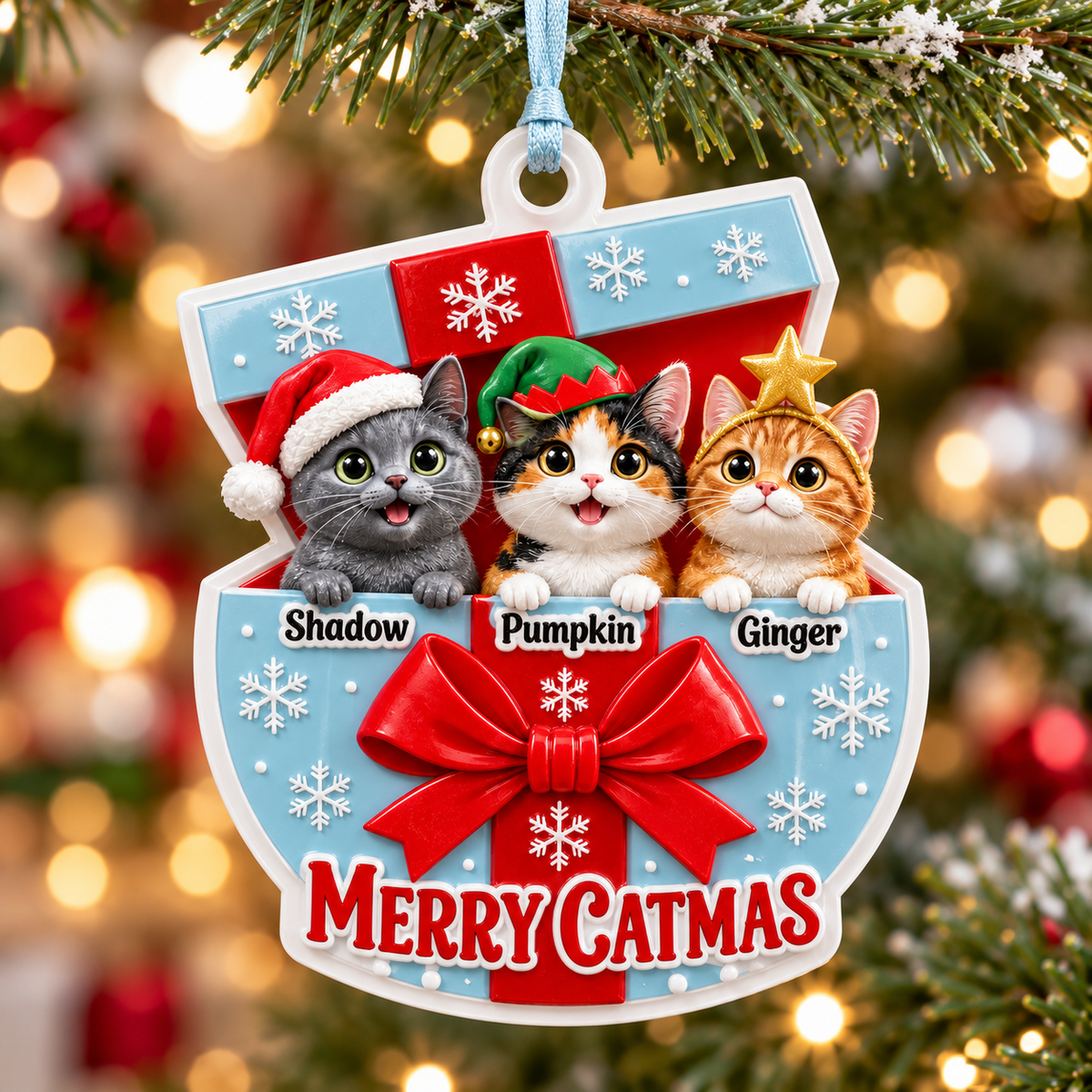 Holiday Cat Trio in Present Box Christmas Tree Pendant, Snowflake Bow Keepsake - 3D Relief Ornament