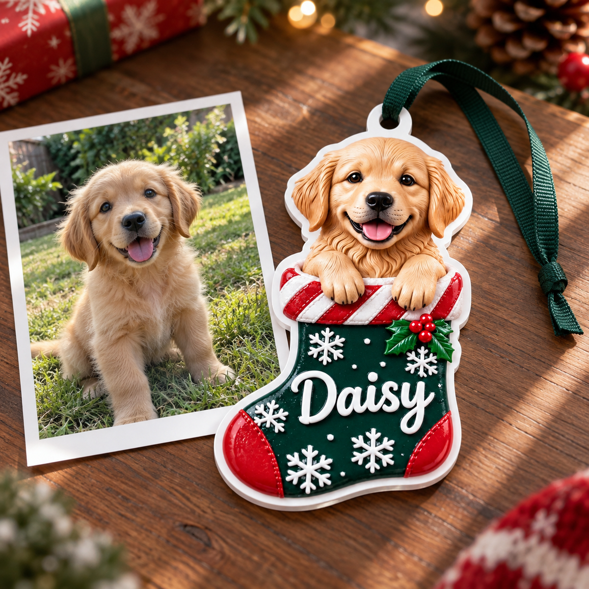 Golden Retriever Puppy in Christmas Stocking Holiday Tree Hanging Decor - 3D Relief Ornament
