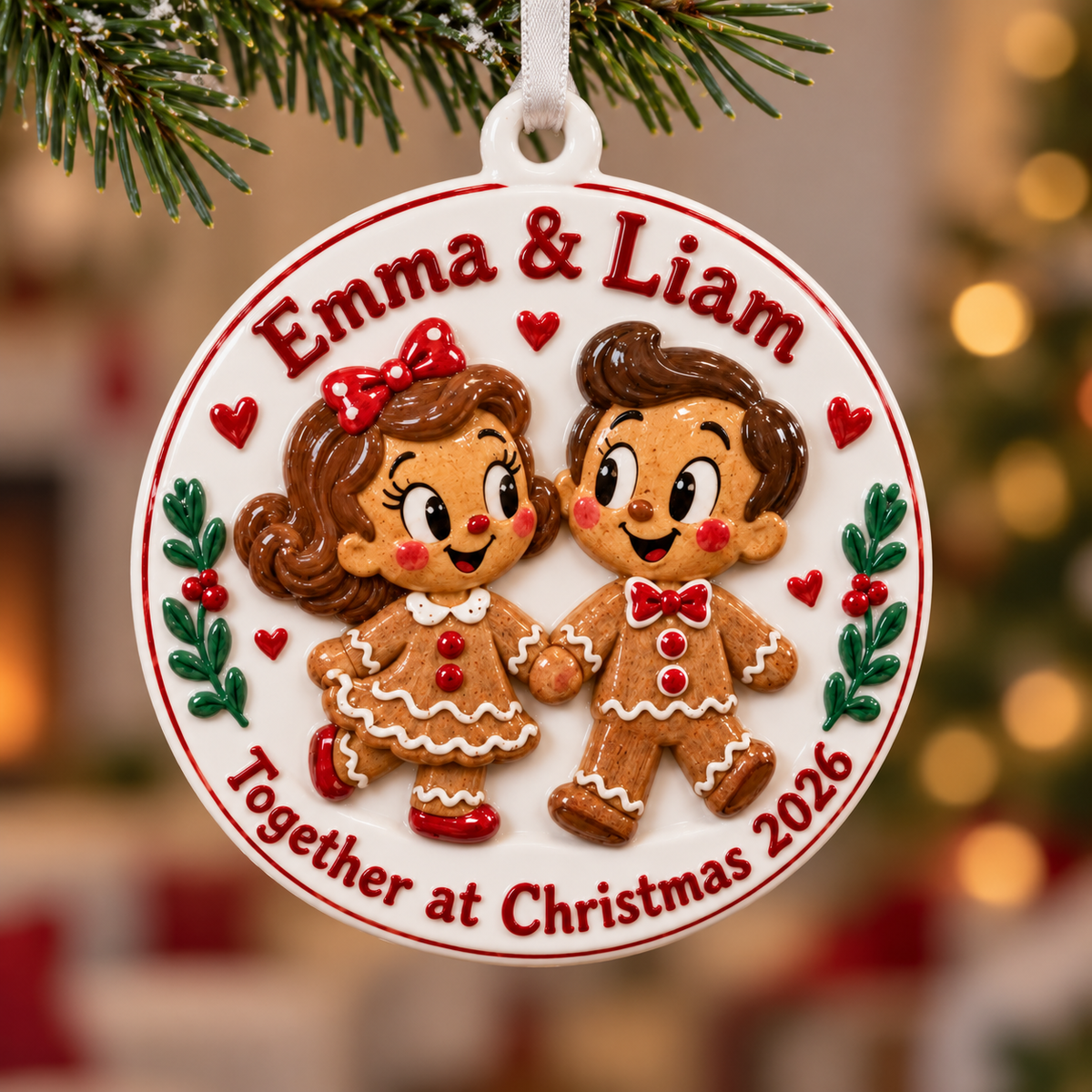 Gingerbread Couple Round Ceramic Christmas Keepsake Medallion - 3D Relief Ornament